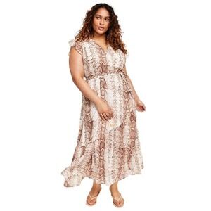 Bar III Essentials Snake Python Print Maxi Dress XL Brown Tan Wrap V-Neck New